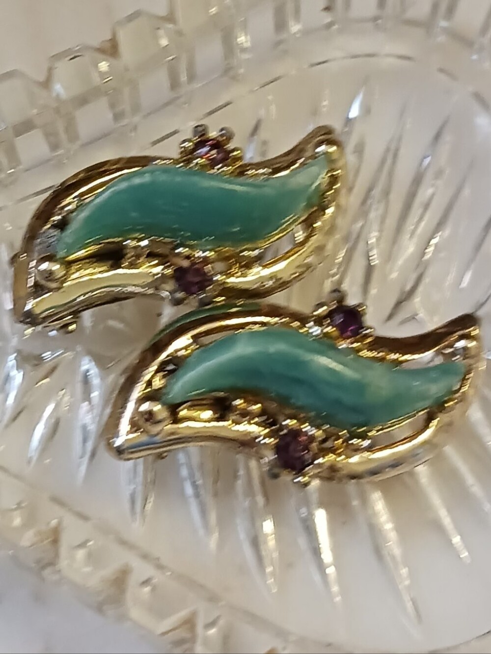 Vintage Faux Jade And Gold Clip-Ons, 1960s Fashion Earrings